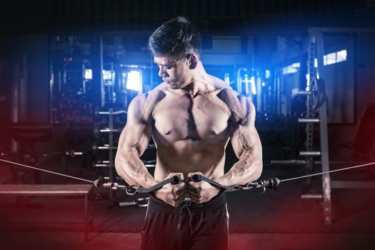 Strong fitness man doing arm workout with cable machine in the gym