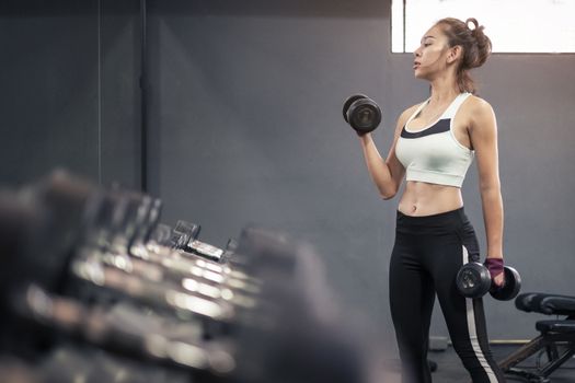 Young healthy woman lifting dumbbells in fitness gym