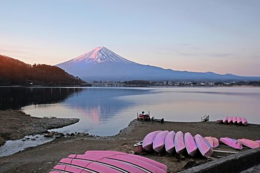 Beautiful sunrise view of  Mountain Fuji and Lake Kawaguchiko in Japan