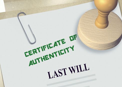 3D illustration of CERTIFICATE OF AUTHENTICITY stamp title on a will