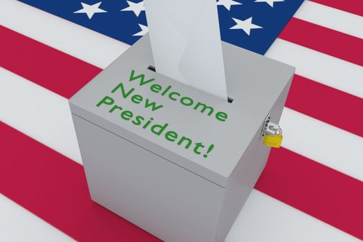 3D illustration of Welcome New President! script on a ballot box, with US flag as a background. 