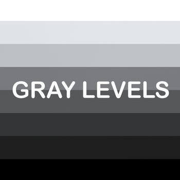 Render illustration of GRAY LEVELS title, over background composed of 8 various strips dislpaying gradualy change from white to black. 