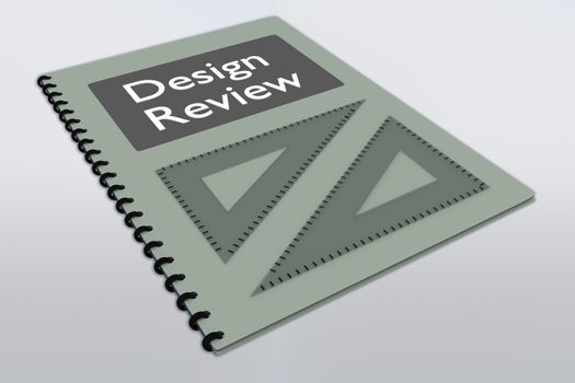 3D illustration of Design Review script on a booklet along with two triangle rulers, isolated over gray gradient.