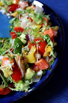 Fresh salad with tomatoes and herbs on a blue plate.Health food.