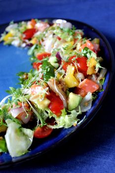 Healthy food fresh vegetable salad on a blue plate.Texture or background