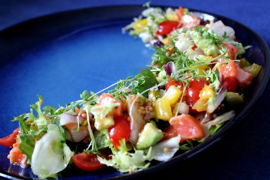 Fresh vegetable salad on a plate on a blue background.Texture or background
