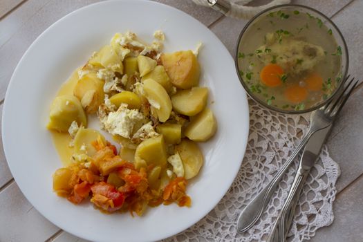 Fish aspic in a transparent bowl with potato, belarussian cuisine