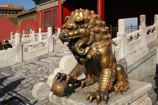Beijing, China - November 1, 2016, The bronze lion of the Forbidden City