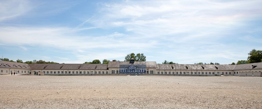 Dachau, Germany - July 13, 2020: Dachau concentration camp, the first concentration camp in Germany during World War II, historic buildings and outdoor.