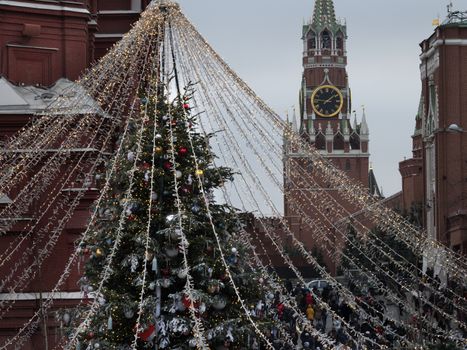 Russia Moscow. Christmas illuminations of the Moscow Kremlin, on New year's eve.