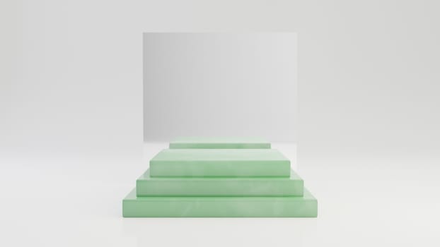 Square jade pedestal steps with mirror isolated on white background. 3d rendered minimalistic abstract background concept for product placement.
