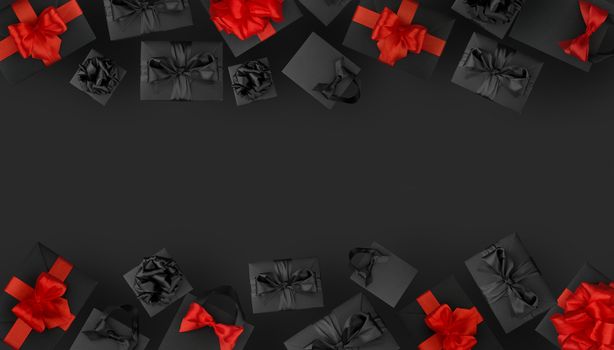 Black shopping bags and gift boxes and red bows on black background with copy space for text, Black Friday sale shopping concept