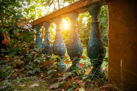 Blue stone railings on the porch of the palace. Balustrades in autumn