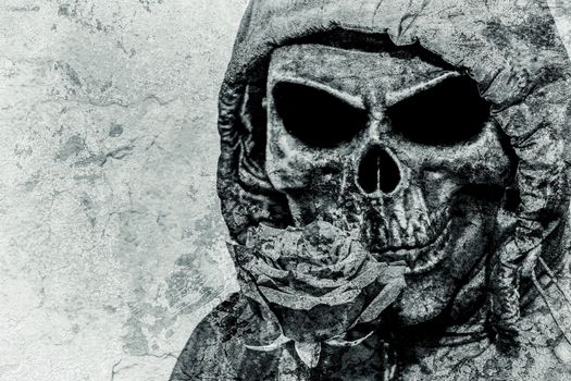 Stylized image of death with a rose on a concrete wall