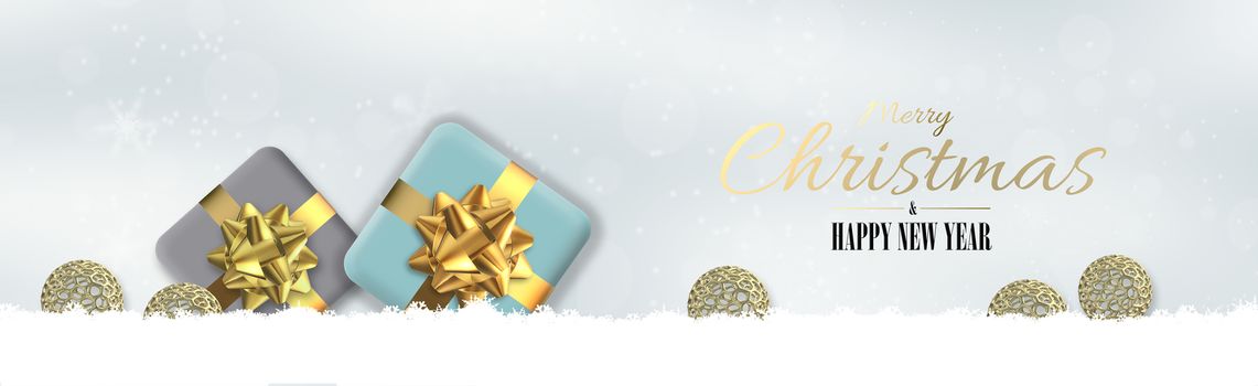 Christmas holiday horizontal banner with 3D realistic Xmas gift boxes, gold ornament, snow. Text Merry Christmas happy New Year. 3D render. Holiday design on snow and snowflakes background