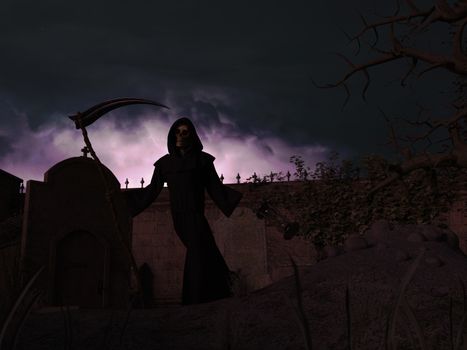 A graveyard and death skeleton in the hood standing on it with a scythe on a night background - 3d rendering
