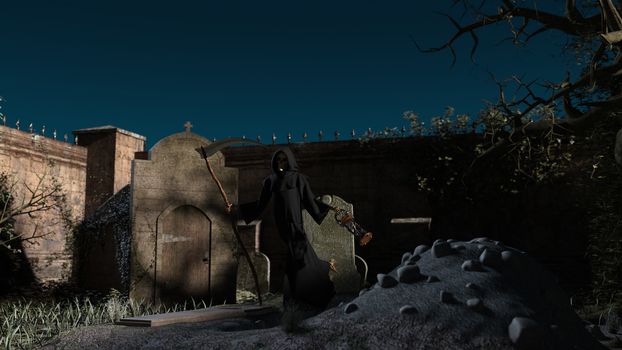 A graveyard and death skeleton in the hood standing on it with a scythe on a night background - 3d rendering