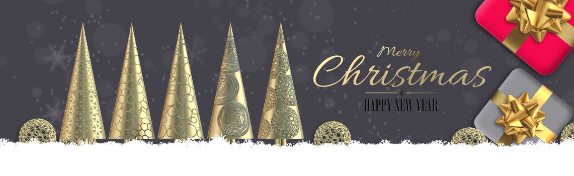 Elegant Christmas horizontal banner design with snowflakes, snow, red pink grey 3D gift boxes, gold Xmas tree on dark pastel brown background. 3D render. Text Merry Christmas Happy New Year