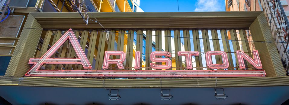 SANREMO, ITALY - CIRCA AUGUST 2020: view of the Sanremo Ariston theatre with detail of the name. This is the famous song festival location.