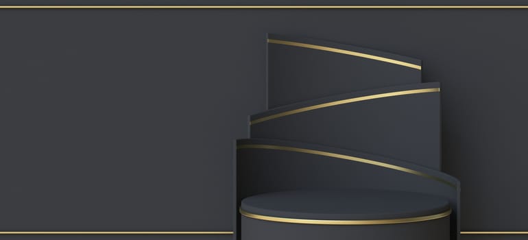 Abstract background gold black paper stage 3D render illustration on black background