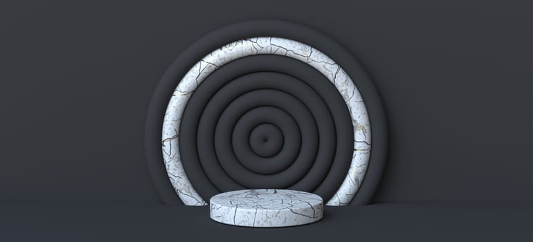 Abstract background concentric circles with white marble details 3D render illustration on black background