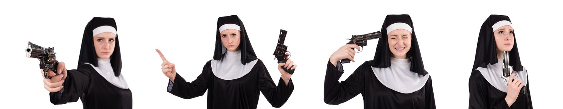 Aiming young nun with gun isolated on white