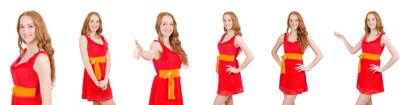 Young beautiful girl in red dress thunms up isolated on white