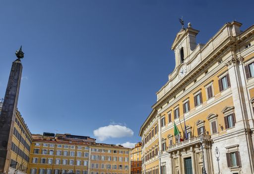 Piazza Montecitorio in Rome with the Egyptian obelisk in front of the facade of the Montecitorio palace, seat of the Italian parliament