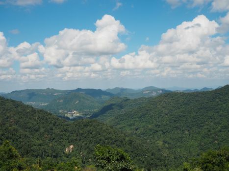 Landscape of green mountains and bright blue sky