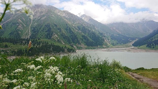 Big Almaty lake in the mountains. Green hills, flowers and fields. White clouds over the mountains. Mountain lake. In places there are stones. Protected place of nature, reserve of TRANS-ili Alatau