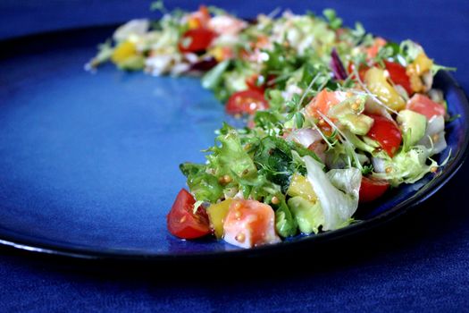 Fresh mixed vegetable salad on a blue background.Texture or background