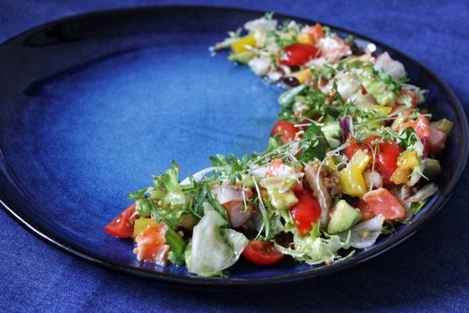 Vegetarian food cherry tomato salad with onions and herbs on a blue background.Texture or background