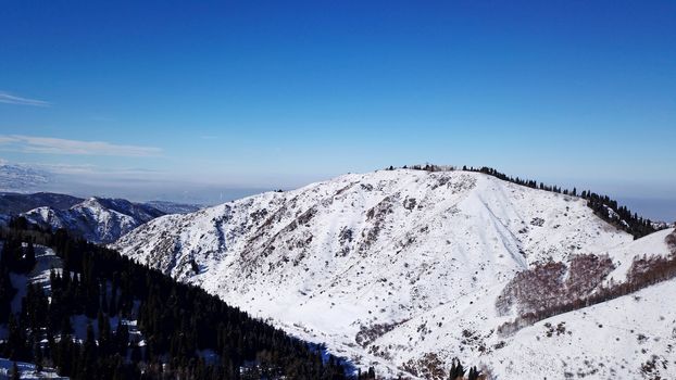 Winter forest high in the mountains. Top view from the throne of the snowy mountains and hills. Fir trees and trees grow on the hills. Some trees are covered with snow. The shadow of the trees.