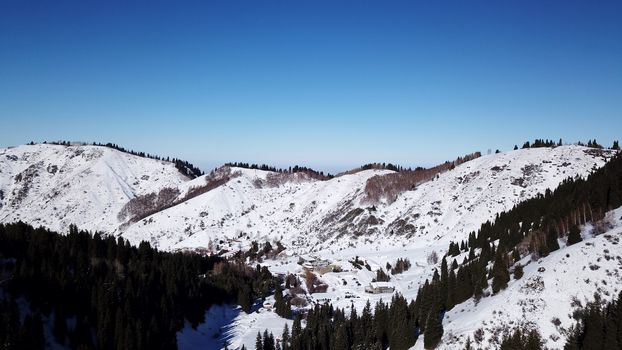 Winter forest high in the mountains. Top view from the throne of the snowy mountains and hills. Fir trees and trees grow on the hills. Some trees are covered with snow. The shadow of the trees.