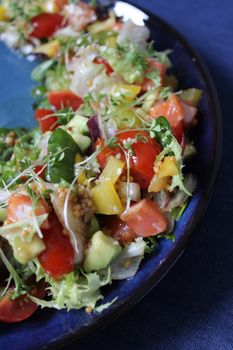 Diet salad of fresh vegetables on a blue plate.Texture or background