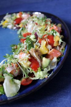 Healthy food fresh vegetable salad on a blue plate.Texture or background