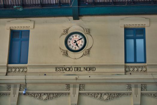 Valencia, Spain, May 2012: close-up and detail of Estacio del Nord clock railway station in Valencia