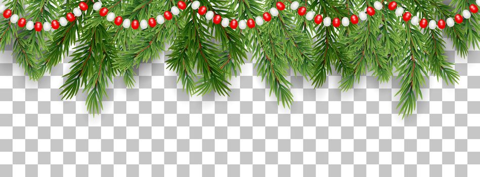 Merry Christmas and happy New Year border of tree branches and garland beads on transparent background. Vector illustration. EPS10