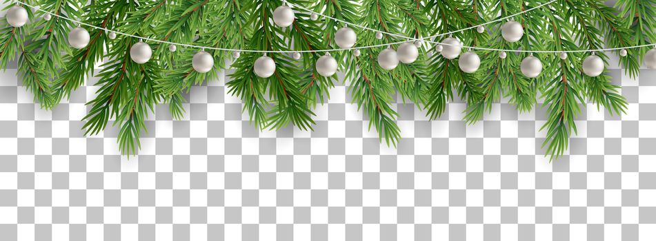 Merry Christmas and happy New Year border of tree branches and garland beads on transparent background. Vector illustration. EPS10