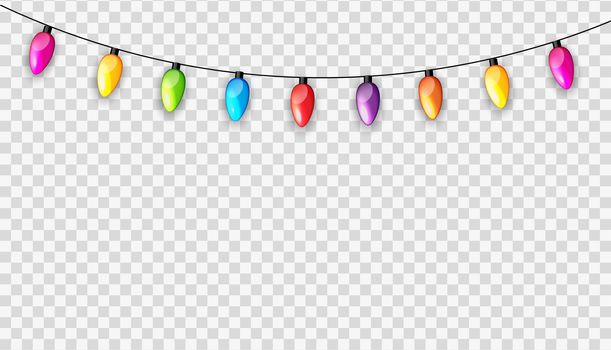 Multicolored Garland Lamp Bulbs Festive Isolated on Transparent Background Vector Illustration EPS10