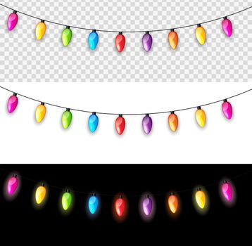 Multicolored Garland Lamp Bulbs Festive Isolated on Transparent, White, Black Background Vector Illustration EPS10