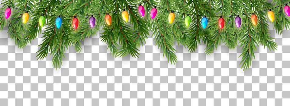 Merry Christmas and happy New Year border of tree branches and garland beads on transparent background. Vector illustration. EPS10