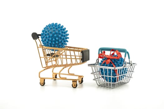 Virus molecule on a shopping cart and basket conceptual of the possibility of infection with corona virus or Covid-19 over a white background