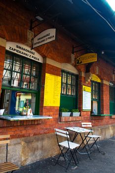 A bakery with a street food shop in Poland. Fresh baked goods and fast food.