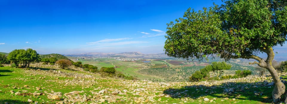 Panoramic view from Mount Evyatar in the Upper Galilee towards the Hula Valley and the Golan Heights. Northern Israel