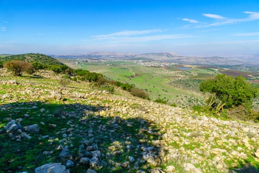 View from Mount Evyatar in the Upper Galilee towards the Hula Valley and the Golan Heights. Northern Israel