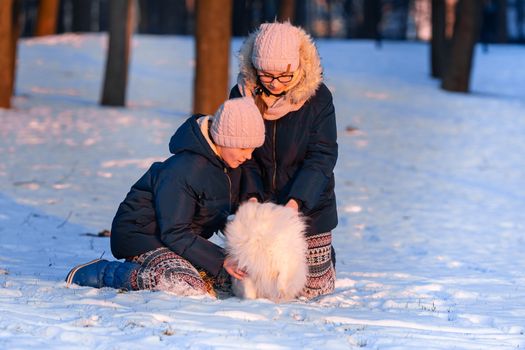 Beautiful teenage girls having fun with spitz dog in the park in winter