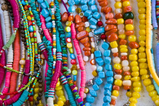 Colorful necklaces and bracelet mix, large group of beads and stone necklace, jewelry background
