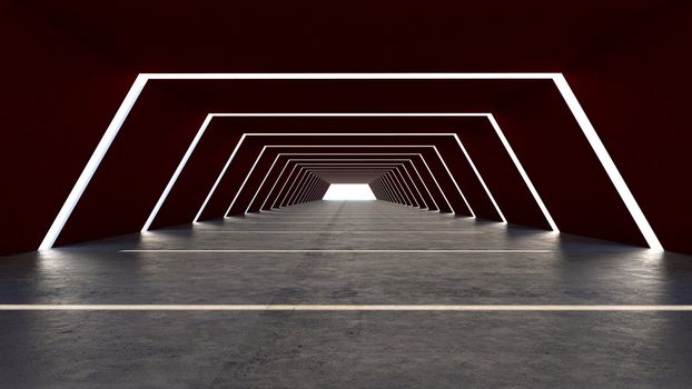 3d render of abstract in a big hall ,Hexagon shape on red and neon lighting
