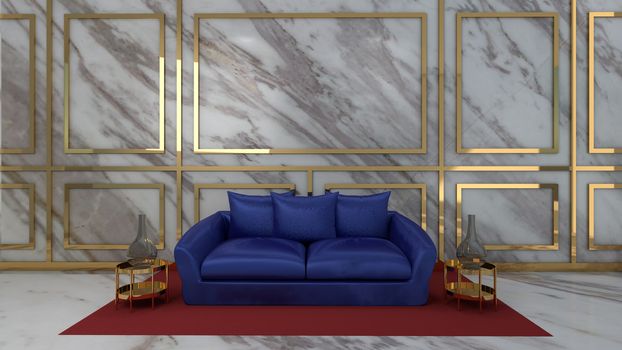 3d render of living room and mockup in marble background